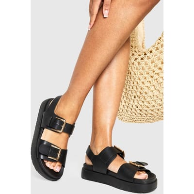 boohoo Dames Chunky Dad Sandalen met gespdetail | Zwart | Maat: 36