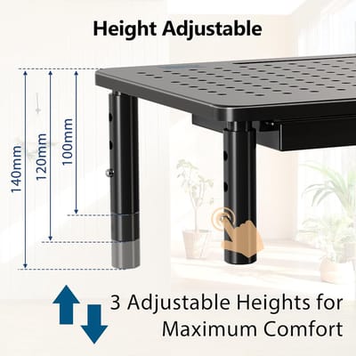 Famanu – Monitorstandaard met lade, drie verstelbare hoogtes, metalen mesh platform, geschikt voor monitor, laptop of printer
