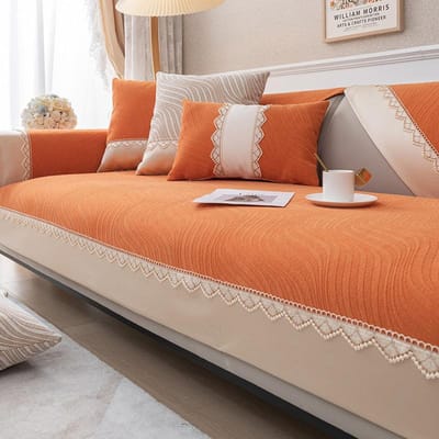 Europese Nieuwe Bankhoes Splicing Brede Rand Kant Bankhanddoek Antislip Bankovertrek Leer Universeel voor Woonkamer 1/2/3/4 Zits 70x70cm 1pcs oranje