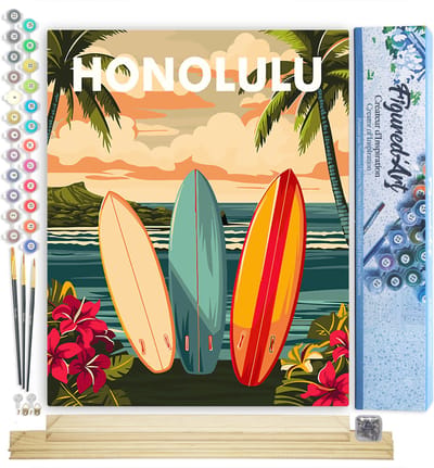Figured'Art Schilderen op Nummer Volwassenen canvas Reisposter Honolulu- Handwerk acrylverf Kit DIY Compleet - 40x50cm met DIY houten lijst