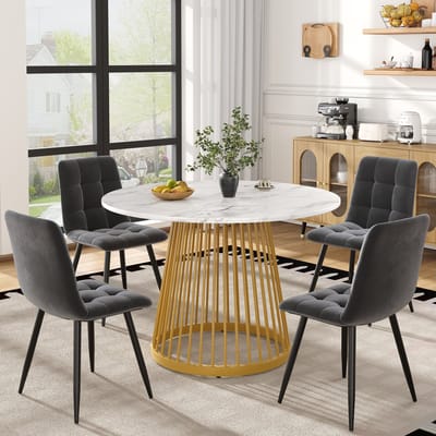MODFU - Eetkamerset - Ronde Tafel Met 4 Stoelen - Verstelbare Poten - Modern - MDF En Metaal - Marmerlook - 80 Cm