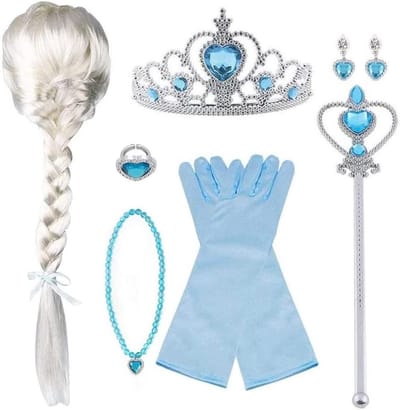 Complete Elsa Kostuum Set met Handschoenen, Tiara, Toverstaf en Kroon voor Feestjes, Verjaardagen en Carnavals (Blauw)