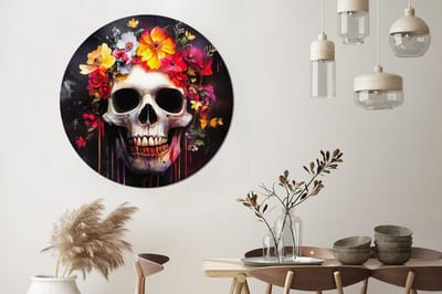 WallCircle - Wandcirkel - Muurcirkel - Schedel - Bloemen - Doodshoofd - Bloed - Kleurrijk - Aluminium - Dibond - 120x120 cm - Binnen en Buiten XXL