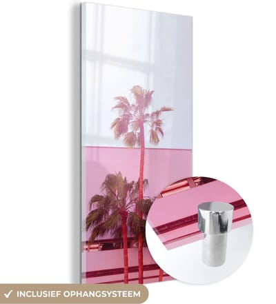 MuchoWow® Glasschilderij 20x40 cm - Schilderij acrylglas - Palm - Tuinposter - Roze - Foto op glas - Schilderijen