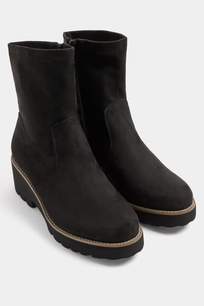 Yours Zwarte Stretch Wedgeboots Van Imitatiesuède In Brede Epasvormsize 37EEE