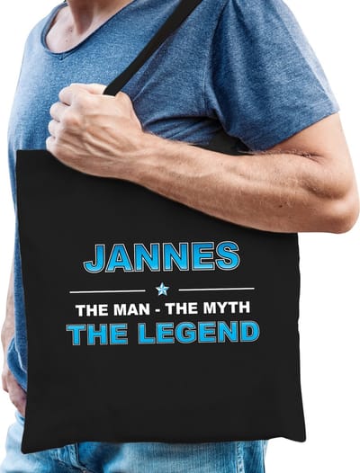 Naam cadeau Tasje voor Jannes - The man, The myth the Legend - katoenen - zwart - verjaardag - vaderdag - collega - vriendin