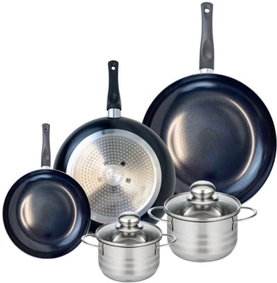 Set van 3 Kookpannen 20, 28 en 32 cm en 2 braadpannen 14 en 16 cm Elo Prima Brillant