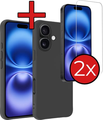 Hoesje - Met 2x Screenprotector - Geschikt voor Apple iPhone 16 - Sterk & Shockproof - Telefoon Hoes - Back Cover - Siliconen Case - Telefoonhoes - Zwart