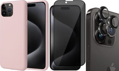 Hoesje geschikt voor iPhone 15 Pro - Privacy Screenprotector FullGuard & Camera Lens Screen Protector Zwart - Back Cover Case SoftTouch Roze
