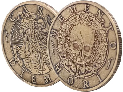 Dailygoods- Verzamelmunten Memento Mori - Stoïcisme Souvenirmunten - Antieke Afwerking - Bronskleur - 40 mm - 2 x Doodskopbotmunt - Souvenirmunt