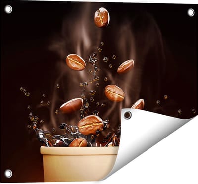 Gards Tuinposter Koffie Beker met Koffiebonen Erin - 50x40 cm - Tuindoek - Tuindecoratie - Wanddecoratie buiten - Tuinschilderij