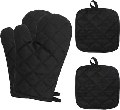 SnelShoppen - Ovenhandschoenen Set - Hittebestendige Keukenhandschoenen met 4 Stuks Antislip Pannetjes voor Koken, Bakken en Grillen - Zwart