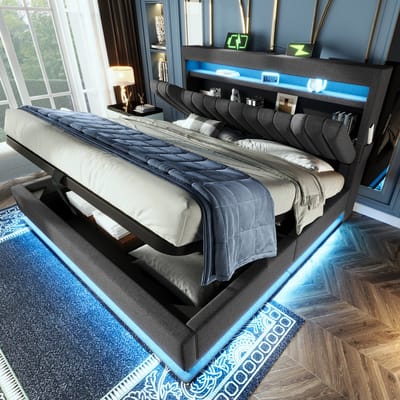 MEUNIQ Gestoffeerd tweepersoons bed 160x200 cm met hydraulische opbergruimte, LED-verlichting, hoofdbord met 3 USB en Type-C, bedframe voor slaapkamer, grijs