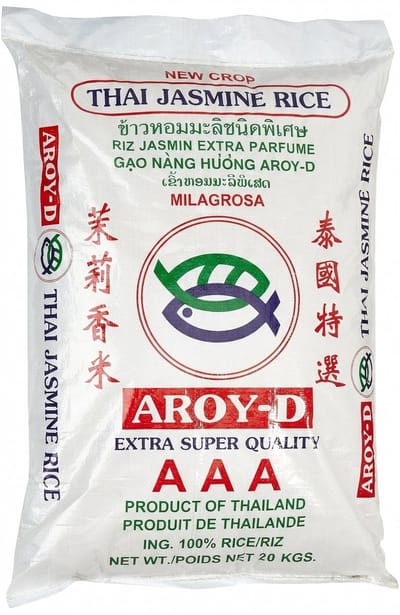 Aroy-D Thaise Jasmine Rijst - 100% Puur Langkorrelig - Premium Kwaliteit Duftreis - Authentieke Geur en Smaak - Ideaal voor Aziatische Gerechten - Bulkverpakking van 20 kg - 1 x 20 kg - Grootverpakking met Kajal Sticker