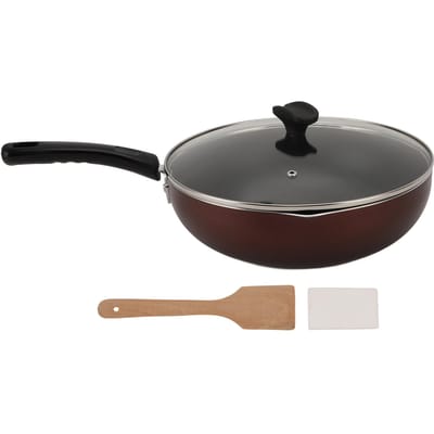 Anti-aanbakpan met Deksel Gecoate Wok Multifunctioneel Kookgerei voor Thuis Koken IJzer Composiet Hout L(for 6.5-9kg) black
