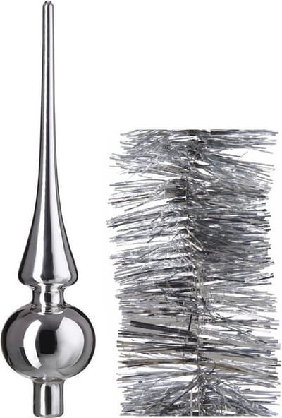 Kerstversiering glazen piek glans 26 cm en folieslingers pakket zilver van 3x stuks - Kerstboomversiering