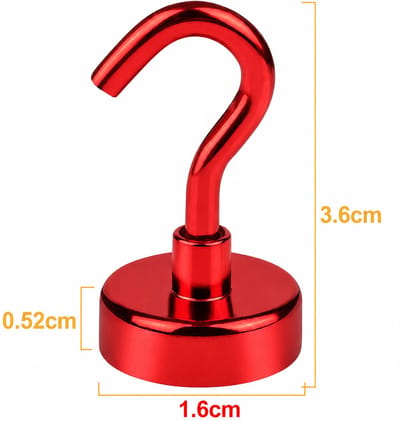 TLVX Haak magneet Rood 16mm x 36mm / Erg sterk / 7 KG trekkracht / Magnetische ophanghaak / Magneet met haak / Metalen haak / Deurmagneet haak voor sleutels / Koelkast magneet handdoek / Magneet gereedschap / Foto magneet met handdoekhaak / 1 stuks