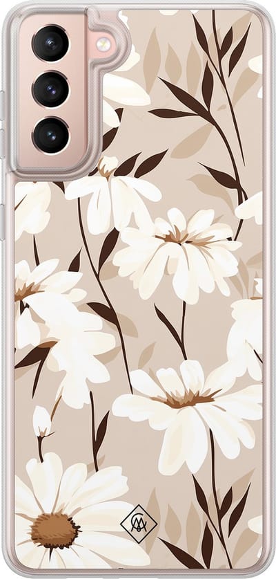 Casimoda® hoesje - Geschikt voor Samsung Galaxy S21 Plus - In Bloom - 2-in-1 case - Schokbestendig - Bloemen - Verhoogde randen - Bruin/beige, Transparant