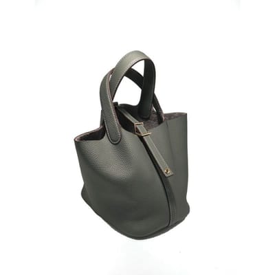Handtas in de vorm van een groentemand, volledig handgemaakt met een leren bovenlaag, veelzijdige emmertas voor dames 18cm gold buckle gray