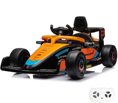McLaren Formule 1 Full Option Elektrische Kinderauto 1 tot 5 jaar – Officieel Gelicentieerd Accuvoertuig met Bluetooth, Schokdempers & Soft-Brake – Li-ion Kinderauto met Afstandsbediening & Officiële Sponsoren – Oranje