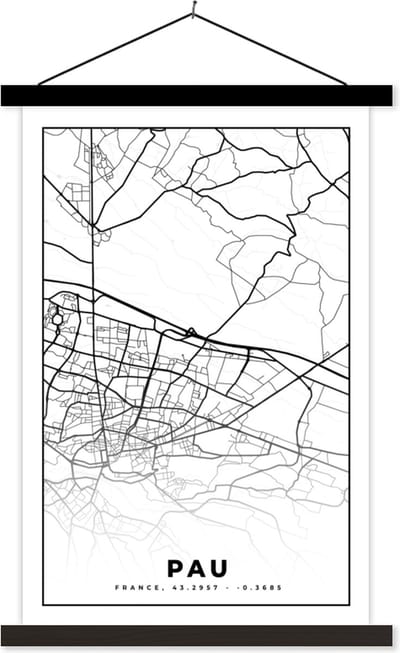 Posterhanger incl. Poster 40x60 cm - Schoolplaat - Kaart - Stadskaart - Pau - Frankrijk - Plattegrond - Zwart wit - Textielposter - Zwarte latten - Stadskaart