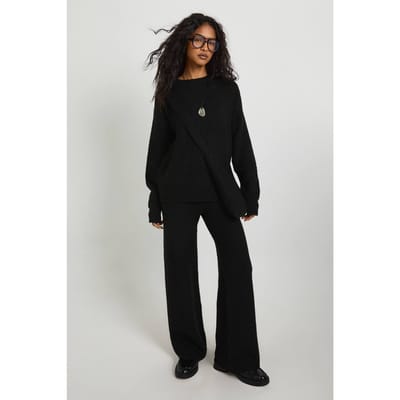 boohoo Dames Superzachte oversized gebreide trui, wijde pijpen broek en gebreide tas 3-delige set | Black | Maat: Small