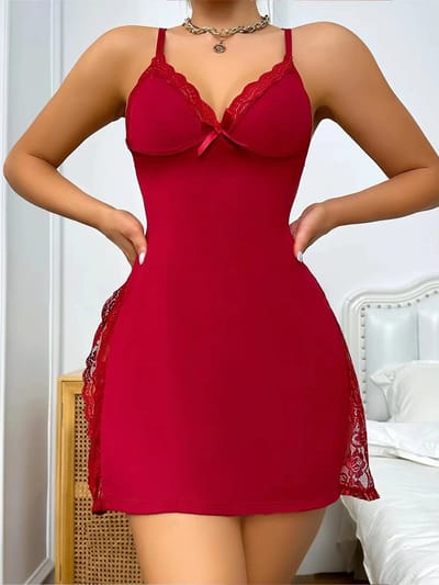 Luxe Dames Babydoll Nachtjurkje – Dieprood met Kant Details – Romantische Nachtmode – Elegante Lingerie