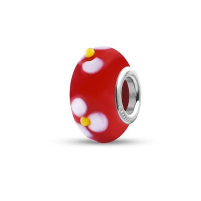 Quiges - Glazen - Kraal - Bedels - Beads Rood met Witte Bloemen Past op alle bekende merken armband NG893