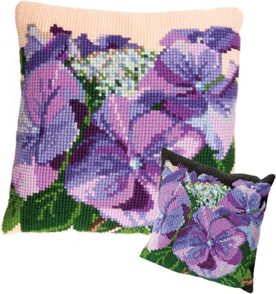 Thea Gouverneur Borduurpakket Kussen Hortensia 40 x 40 cm – Compleet Quickpoint pakket met voorgedrukt canvas, garen en naald – DIY hobby voor volwassenen