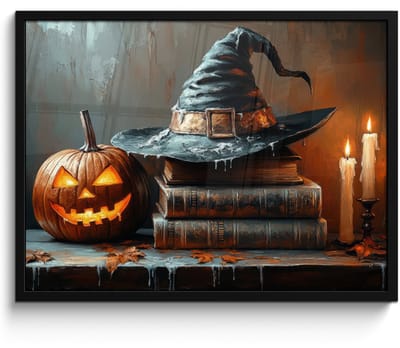 Poster in lijst - Fotolijst 70x50 cm - Posters - Halloween - Stilleven - Heksenhoed - Pompoen - Heks - Posterlijst zwart - Decoratie - Wanddecoratie woonkamer - Muurdecoratie slaapkamer