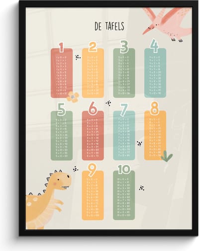 Poster in lijst - Fotolijst 60x80 cm - Posters - Tafels van vermenigvuldiging - Educatief - Leren rekenen voor kinderen - Cijfers oefenen - Dinosaurus - Posterlijst zwart - Kamer decoratie - Wanddecoratie kinderkamer - Muurdecoratie babykamer