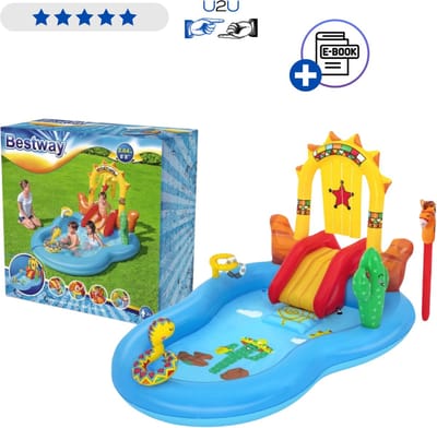 Bestway Opblaasbaar Waterpark 264x188x140 cm - Speelgoed 2 jaar - Kinder Zwembad met Glijbaan, Slang Waterfontein, Ringwerpspel en Cactus - PVC Waterspeelcentrum 278L - Voor Meerdere Kinderen - Inclusief Reparatiepatch Met Ebook