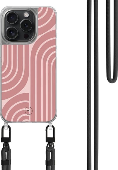 Hoesje met koord geschikt voor iPhone 13 Pro - Blush shapes - Inclusief zwart koord - Crossbody beschermhoes - Transparant, Roze - Mooie Telefoonhoesjes