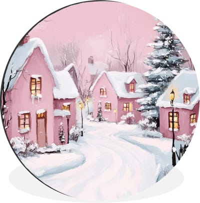 WallCircle - Wandcirkel - Muurcirkel - Kerstdorp - Roze - Winter - Sneeuw - Huizen - Aluminium - Dibond - 60x60 cm - Binnen en Buiten