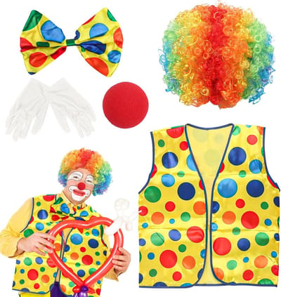 Volwassen Clown Kostuum voor Carnaval en Halloween met Peruc, Neus, Handschoenen en Stropdas - Feestelijke Circus Outfit en Accessoires