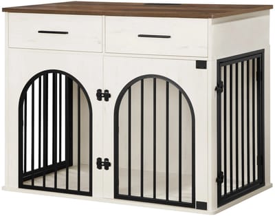 Hondenbench Meubel – Voor Binnen – Houten Hondenbox met 2 Lades en Oplaadstation, Bijzettafel – Wit