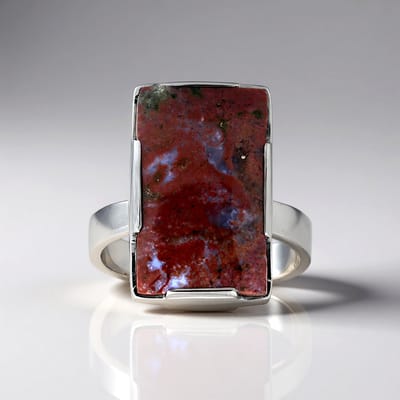 Cavill - Zilveren Ring met 12,5K Multicolour Chalcedoon Baguette Cabochon - Platina Afwerking - Bali Barong - Modern Indonesisch Design