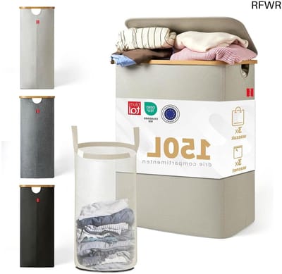 RFWR® Wasmand met 3 Uitneembare Zakken en Deksel - Smalle Bamboe Wasbox voor Efficiënte Sortering en Statiegeldflessen - Beige