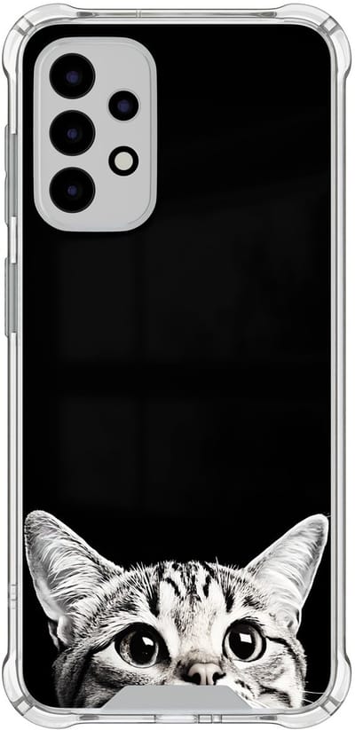 Shockproof hoesje geschikt voor Samsung Galaxy A52 5G - Kat kiekeboe - Schokbestendig - Verhoogde randen - TPU case - Extra Sterke Back Cover - Print - Transparant, Zwart