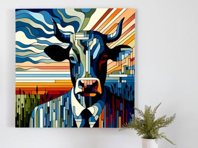 Modern koeien schilderij | Vernieuwende boerenlandschap: een eigentijdse interpretatie van koeien in kunst | Kunst - 100x100 centimeter op Canvas | Foto op Canvas