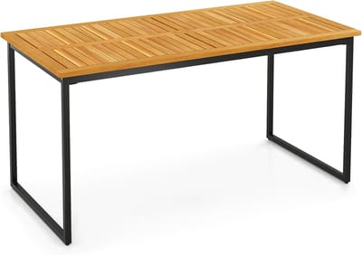 KOMFOTTEU Tuineettafel met gat voor parasol, eettafel van acaciahout voor 6 personen, 140 x 70 x 73 cm, voor binnen en buiten, binnenplaatstafel met metalen poten