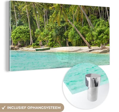 MuchoWow® Glasschilderij 40x20 cm - Schilderij acrylglas - Palmboom - Zee - Tropisch - Foto op glas - Schilderijen