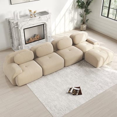 L-Bank, 4-Zitsbank, 4-zits Hoekbank met 32D zeer Elastische Vulling, Frameloze Bank, Antislip, met Chaise Longue, Extra Brede Armleuningen, Vrij Combineerbaar, Geen Montage Nodig voor Kantoor, Woonkamer en Thuisbioscoop,Beige