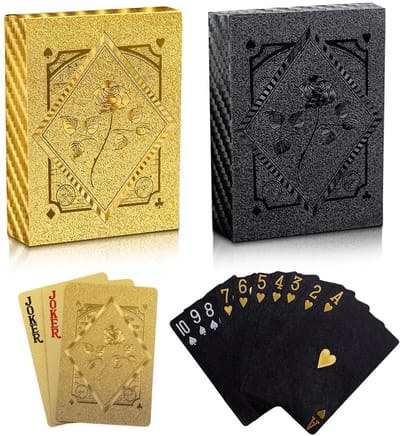 Dailygoods - 2 paar speelkaarten van kunststof met bloemenpatroon, goud en zwart, waterdicht en duurzaam, voor poker, brug, Blackjack Texas Hold'em, cadeau voor volwassenen