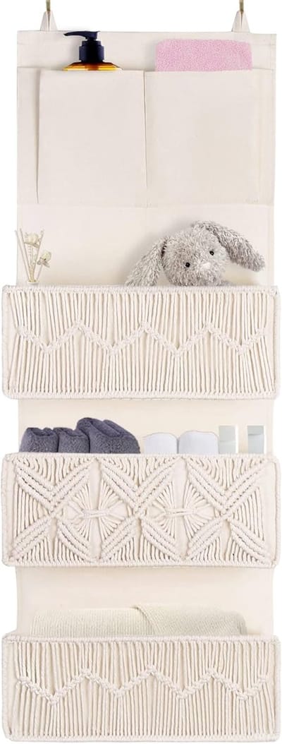 Famanu – Boho macramé over-de-deur organizer met 3 grote geweven zakken, decoratieve hangende opbergruimte