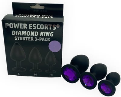 Power Escorts Diamond King Starter 3-Pack Silicone plug set Zwart met paarse steen - BR136