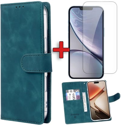 Casemania Hoesje & Glas Geschikt voor Apple iPhone 16e - Groen - Kunstleer Portemonnee Book Case - Glazen Screenprotector