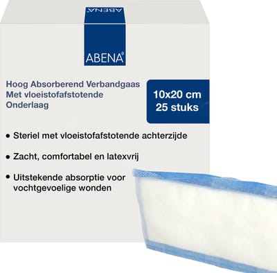 Abena Gaaskompres - 25 Stuks - Hoog Absorberend Verbandgaas - 10 cm x 20 cm - Steriele Wondverzorging - Met vloeistofafstotende Onderlaag - Latexvrij