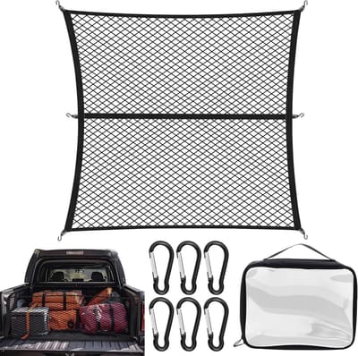 Elastisch bagagenet 1.2 x 1.2 m met 6 schroefkarabiners en opbergtas voor SUV's, bestelwagens en bussen, ideaal voor het veilig vervoeren van bagage en goederen