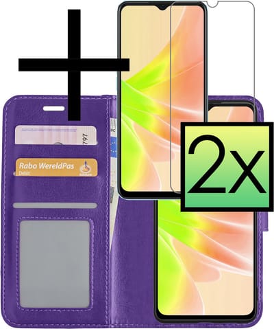 Hoesje - Met 2x Screenprotector - Geschikt voor OPPO A57 - Luxe Pasjeshouder - Bookcase Portemonee - Flip Case - Kunstleer Book Case - Flipcase Hoes - Book Cover - Walletcase - Portemonneehoes - Paars